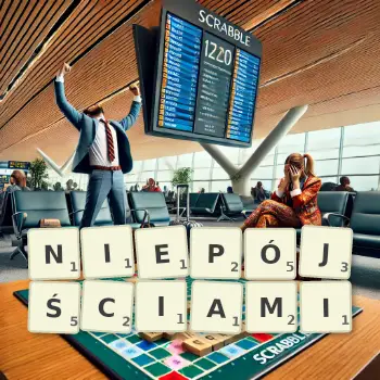 Kreatywna ilustracja do gry w Scrabble ze słowem NIEPÓJŚCIAMI ułożonym z płytek na planszy.
