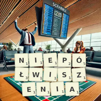 Kreatywna ilustracja do gry w Scrabble ze słowem NIEPÓŁWISZENIA ułożonym z płytek na planszy.