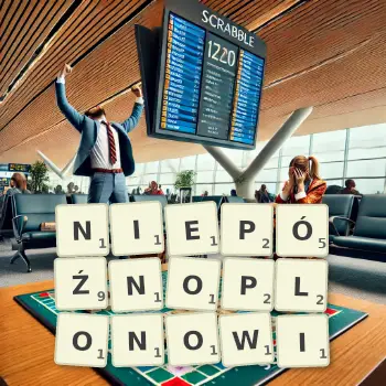 Kreatywna ilustracja do gry w Scrabble ze słowem NIEPÓŹNOPLONOWI ułożonym z płytek na planszy.