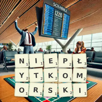 Kreatywna ilustracja do gry w Scrabble ze słowem NIEPŁYTKOMORSKI ułożonym z płytek na planszy.