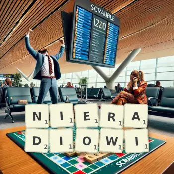 Kreatywna ilustracja do gry w Scrabble ze słowem NIERADIOWI ułożonym z płytek na planszy.