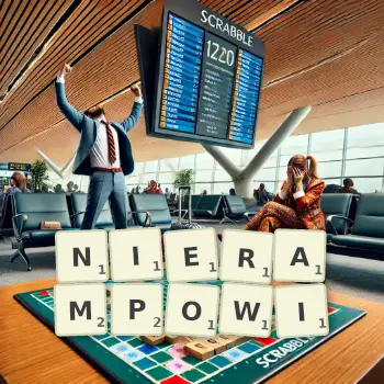 Kreatywna ilustracja do gry w Scrabble ze słowem NIERAMPOWI ułożonym z płytek na planszy.