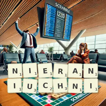 Kreatywna ilustracja do gry w Scrabble ze słowem NIERANIUCHNI ułożonym z płytek na planszy.