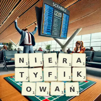 Kreatywna ilustracja do gry w Scrabble ze słowem NIERATYFIKOWAŃ ułożonym z płytek na planszy.