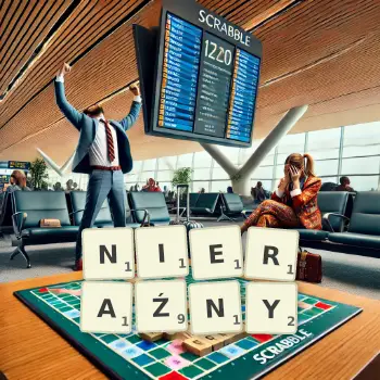 Kreatywna ilustracja do gry w Scrabble ze słowem NIERAŹNY ułożonym z płytek na planszy.