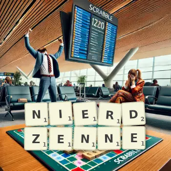 Kreatywna ilustracja do gry w Scrabble ze słowem NIERDZENNE ułożonym z płytek na planszy.