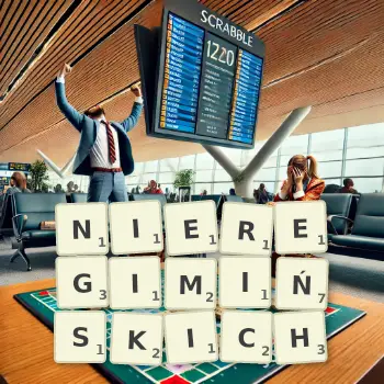 Kreatywna ilustracja do gry w Scrabble ze słowem NIEREGIMIŃSKICH ułożonym z płytek na planszy.