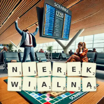 Kreatywna ilustracja do gry w Scrabble ze słowem NIEREKWIALNĄ ułożonym z płytek na planszy.