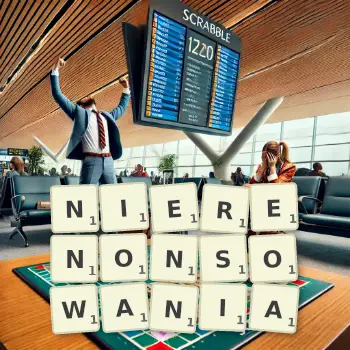 Kreatywna ilustracja do gry w Scrabble ze słowem NIERENONSOWANIA ułożonym z płytek na planszy.