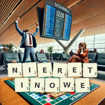 Kreatywna ilustracja do gry w Scrabble ze słowem NIERETINOWE ułożonym z płytek na planszy.