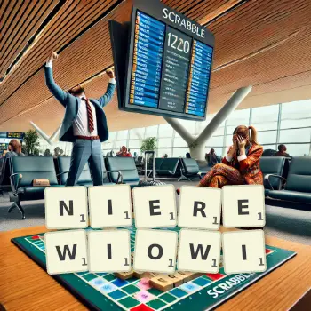 Kreatywna ilustracja do gry w Scrabble ze słowem NIEREWIOWI ułożonym z płytek na planszy.