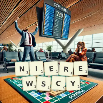 Kreatywna ilustracja do gry w Scrabble ze słowem NIEREWSCY ułożonym z płytek na planszy.
