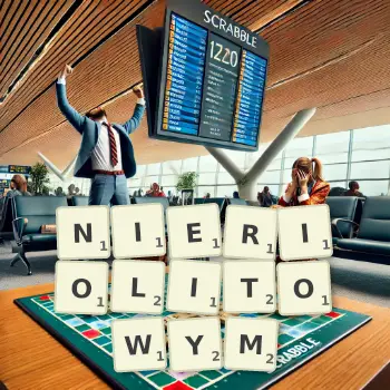 Kreatywna ilustracja do gry w Scrabble ze słowem NIERIOLITOWYM ułożonym z płytek na planszy.