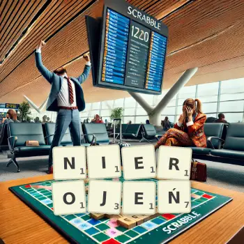 Kreatywna ilustracja do gry w Scrabble ze słowem NIEROJEŃ ułożonym z płytek na planszy.