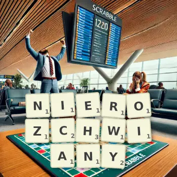 Kreatywna ilustracja do gry w Scrabble ze słowem NIEROZCHWIANY ułożonym z płytek na planszy.