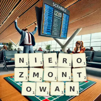 Kreatywna ilustracja do gry w Scrabble ze słowem NIEROZMONTOWAN ułożonym z płytek na planszy.