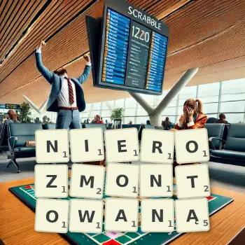 Kreatywna ilustracja do gry w Scrabble ze słowem NIEROZMONTOWANĄ ułożonym z płytek na planszy.