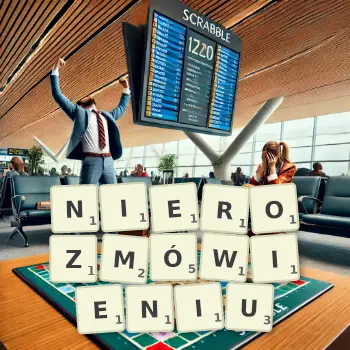 Kreatywna ilustracja do gry w Scrabble ze słowem NIEROZMÓWIENIU ułożonym z płytek na planszy.