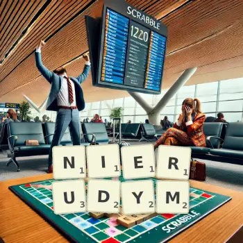 Kreatywna ilustracja do gry w Scrabble ze słowem NIERUDYM ułożonym z płytek na planszy.