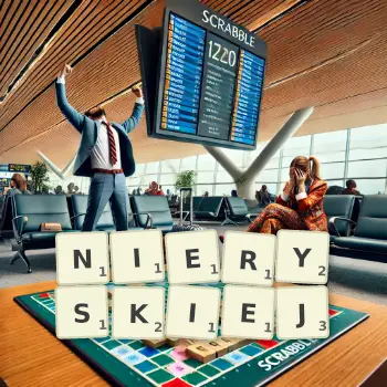 Kreatywna ilustracja do gry w Scrabble ze słowem NIERYSKIEJ ułożonym z płytek na planszy.