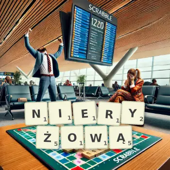 Kreatywna ilustracja do gry w Scrabble ze słowem NIERYŻOWĄ ułożonym z płytek na planszy.