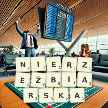 Kreatywna ilustracja do gry w Scrabble ze słowem NIERZEŹBIARSKA ułożonym z płytek na planszy.