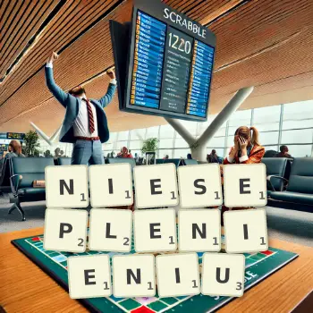 Kreatywna ilustracja do gry w Scrabble ze słowem NIESEPLENIENIU ułożonym z płytek na planszy.