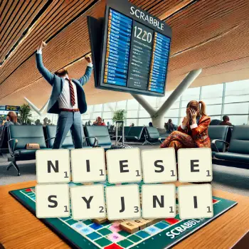 Kreatywna ilustracja do gry w Scrabble ze słowem NIESESYJNI ułożonym z płytek na planszy.