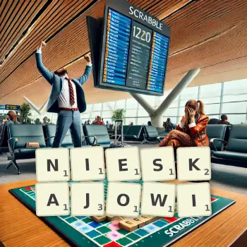 Kreatywna ilustracja do gry w Scrabble ze słowem NIESKAJOWI ułożonym z płytek na planszy.