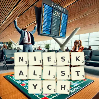Kreatywna ilustracja do gry w Scrabble ze słowem NIESKALISTYCH ułożonym z płytek na planszy.