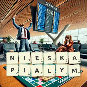 Kreatywna ilustracja do gry w Scrabble ze słowem NIESKAPIALYM ułożonym z płytek na planszy.