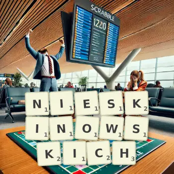 Kreatywna ilustracja do gry w Scrabble ze słowem NIESKINOWSKICH ułożonym z płytek na planszy.