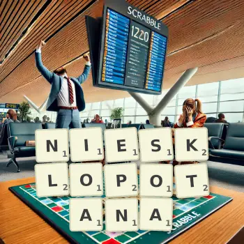 Kreatywna ilustracja do gry w Scrabble ze słowem NIESKLOPOTANA ułożonym z płytek na planszy.