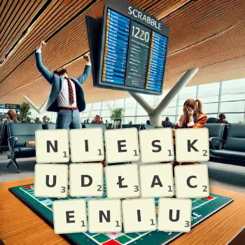 Kreatywna ilustracja do gry w Scrabble ze słowem NIESKUDŁACENIU ułożonym z płytek na planszy.