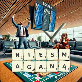 Kreatywna ilustracja do gry w Scrabble ze słowem NIESMAGANĄ ułożonym z płytek na planszy.