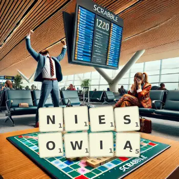 Kreatywna ilustracja do gry w Scrabble ze słowem NIESOWIĄ ułożonym z płytek na planszy.