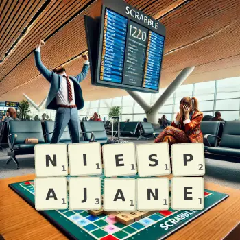 Kreatywna ilustracja do gry w Scrabble ze słowem NIESPAJANE ułożonym z płytek na planszy.