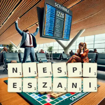 Kreatywna ilustracja do gry w Scrabble ze słowem NIESPIESZANI ułożonym z płytek na planszy.
