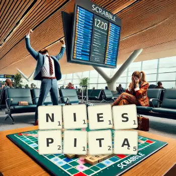 Kreatywna ilustracja do gry w Scrabble ze słowem NIESPITĄ ułożonym z płytek na planszy.