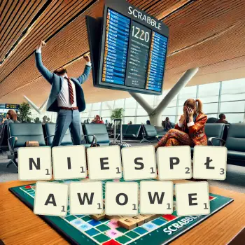 Kreatywna ilustracja do gry w Scrabble ze słowem NIESPŁAWOWE ułożonym z płytek na planszy.