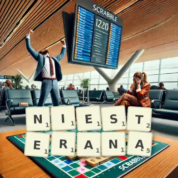 Kreatywna ilustracja do gry w Scrabble ze słowem NIESTERANĄ ułożonym z płytek na planszy.