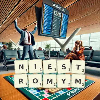 Kreatywna ilustracja do gry w Scrabble ze słowem NIESTROMYM ułożonym z płytek na planszy.