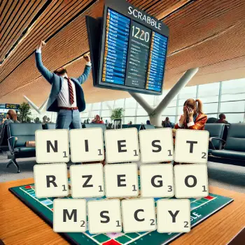 Kreatywna ilustracja do gry w Scrabble ze słowem NIESTRZEGOMSCY ułożonym z płytek na planszy.