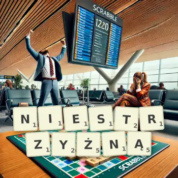 Kreatywna ilustracja do gry w Scrabble ze słowem NIESTRZYŻNĄ ułożonym z płytek na planszy.