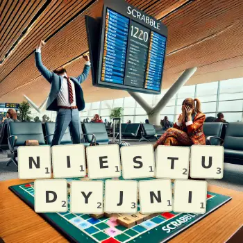 Kreatywna ilustracja do gry w Scrabble ze słowem NIESTUDYJNI ułożonym z płytek na planszy.