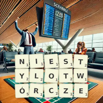 Kreatywna ilustracja do gry w Scrabble ze słowem NIESTYLOTWÓRCZE ułożonym z płytek na planszy.