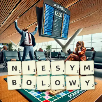 Kreatywna ilustracja do gry w Scrabble ze słowem NIESYMBOLOWY ułożonym z płytek na planszy.