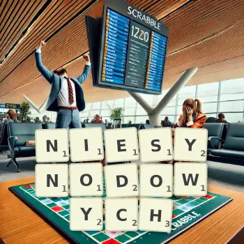 Kreatywna ilustracja do gry w Scrabble ze słowem NIESYNODOWYCH ułożonym z płytek na planszy.