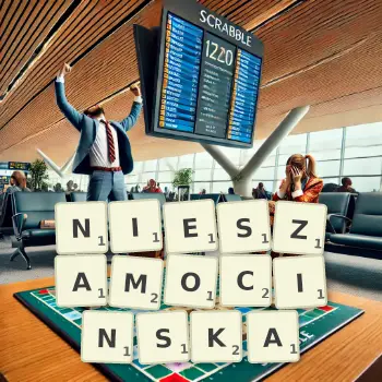 Kreatywna ilustracja do gry w Scrabble ze słowem NIESZAMOCINSKA ułożonym z płytek na planszy.