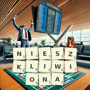 Kreatywna ilustracja do gry w Scrabble ze słowem NIESZKLIWIONA ułożonym z płytek na planszy.